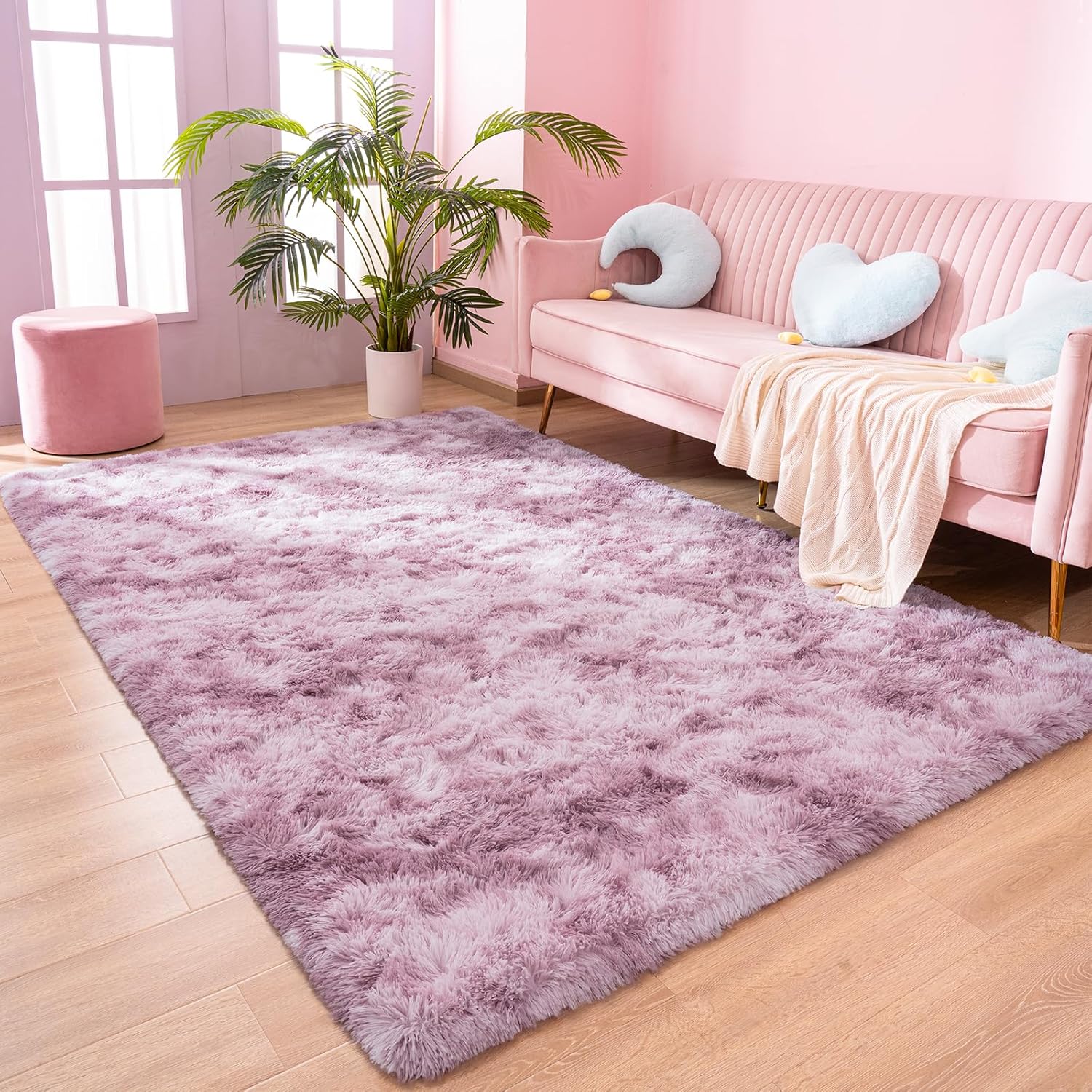 Alfombras esponjosas para dormitorio de niñas, 4 x 6 pies, alfombra suave y lanuda rosa y morada para niños, sala de juegos, sala de estar,