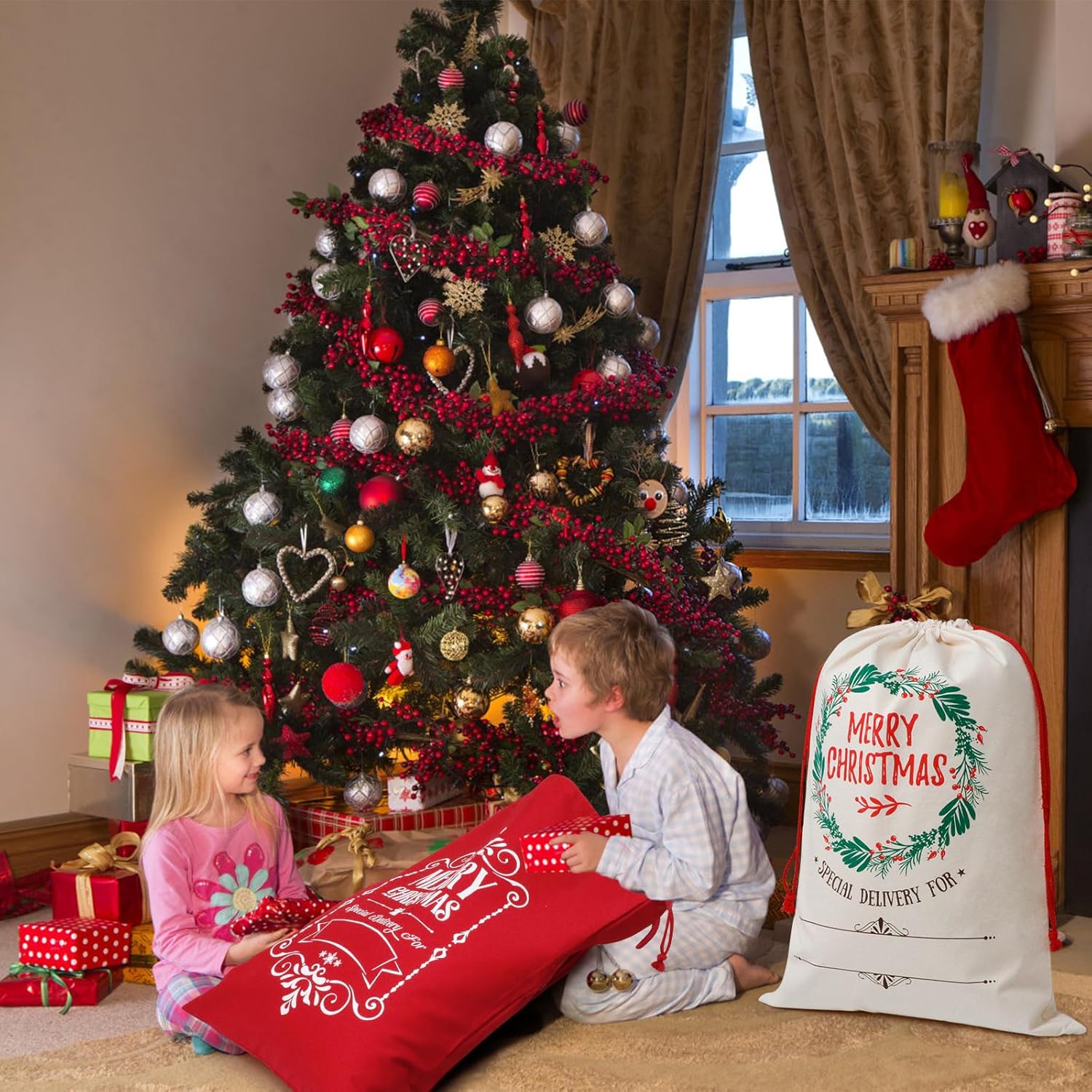 AOUTACC 6 bolsas de regalo de Navidad con cordón de Papá Noel, 27.5 x 19.7 pulgadas, reutilizables, extra grandes, con cordón, bolsas de regalo de