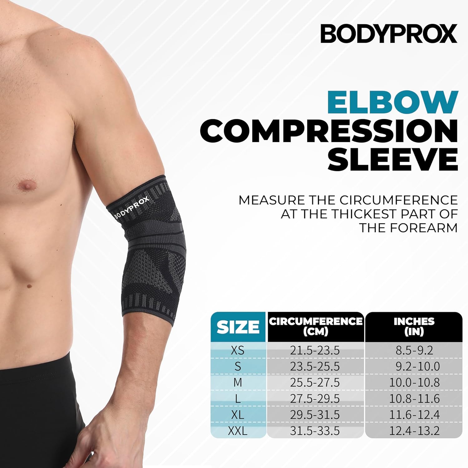 Bodyprox Manga de compresión de codo  Soporte mejorado para codo de tenis, codo de golfista y dolor general de codo  Transpirable, ajuste cómodo,