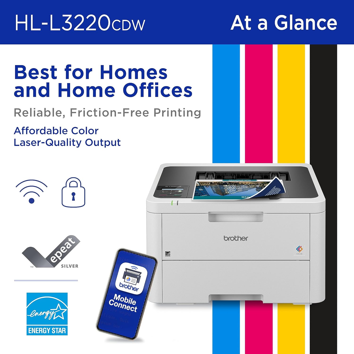 Brother HL-L3220CDW Impresora digital inalámbrica compacta a color con salida de calidad láser, impresión dúplex y dispositivos móviles  Incluye 4