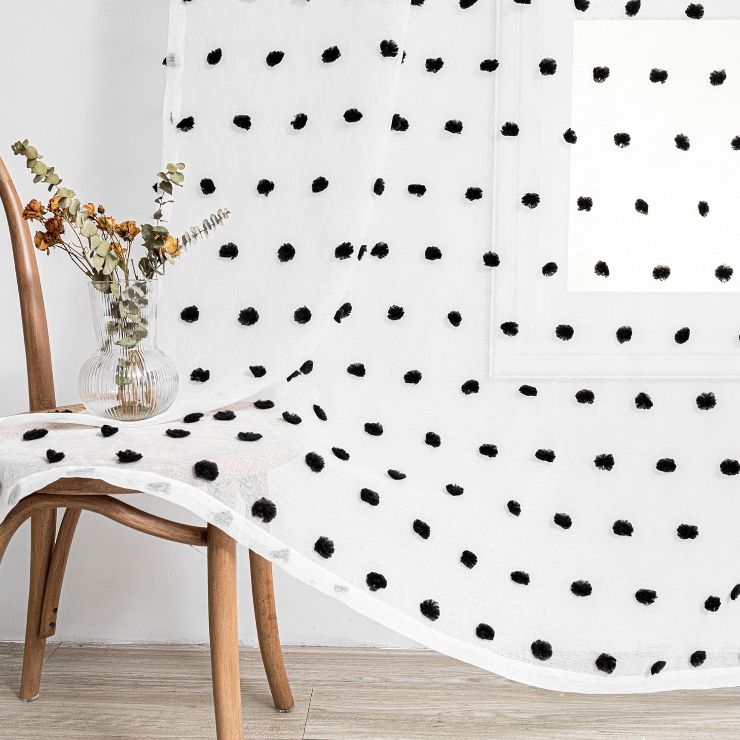 MYSKY HOME Cortinas para sala de estar de 84 pulgadas de largo, cortinas negras con pompones para dormitorio, cortinas transparentes para ventanas