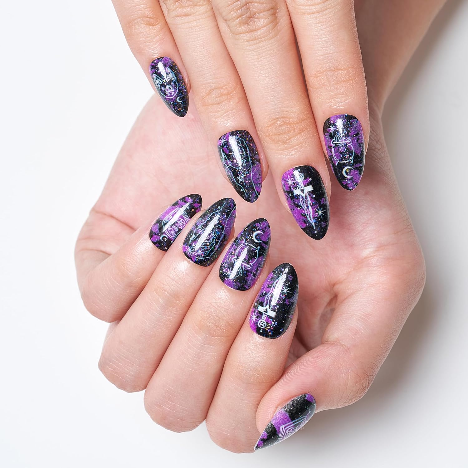 GLAMERMAID – Uñas postizas cortas a presión, color almendra, gótico, morado, pociones, gato, pegamento en uñas de gel, 30 piezas de uñas postizas