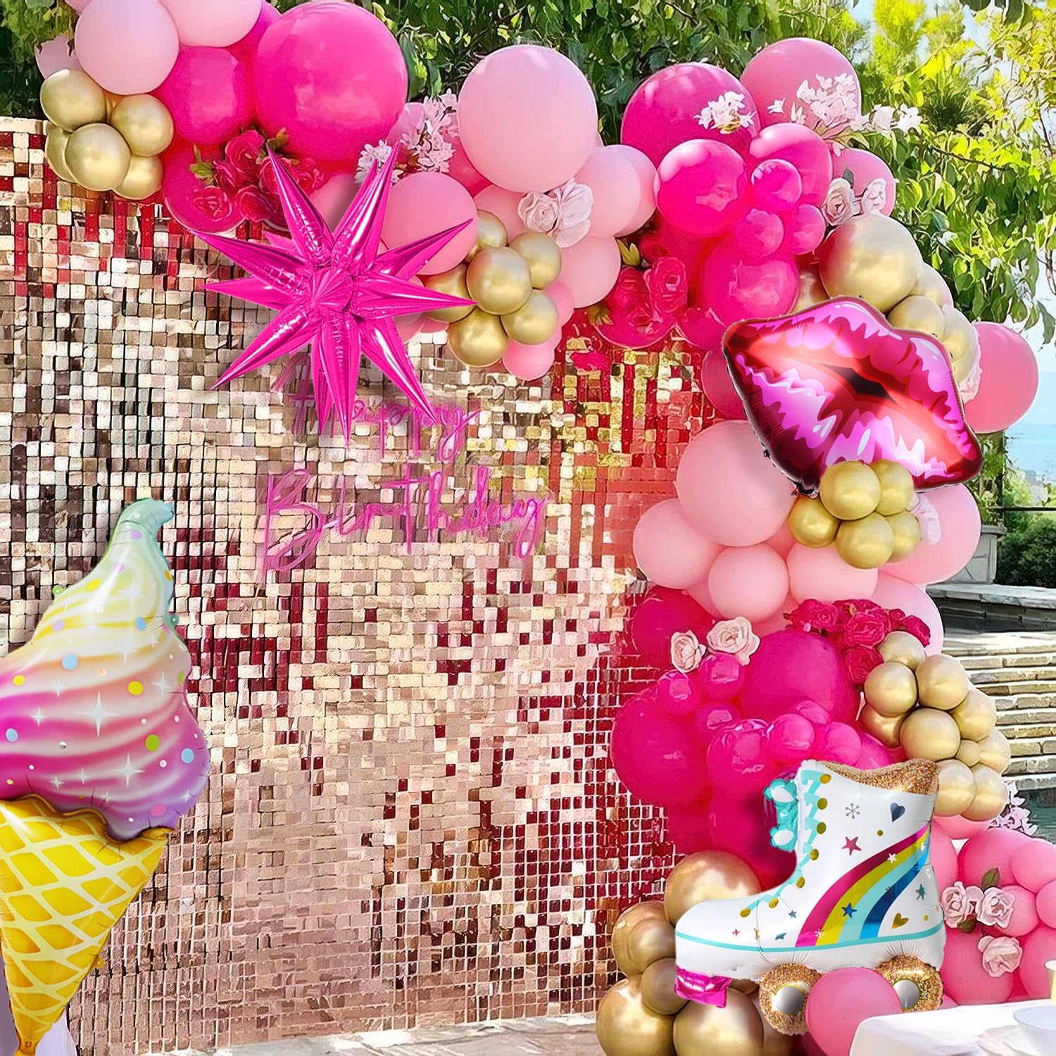 Kit de arco de guirnalda de globos rosas de 128 piezas con globo metálico dorado rosa intenso para fiesta temática de princesa, cumpleaños de niña