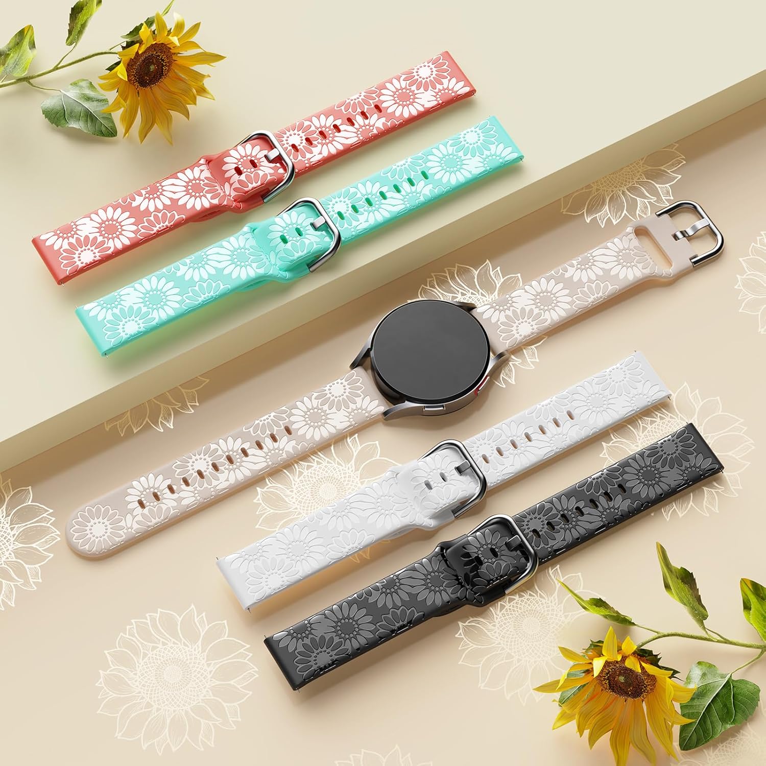 Correa grabada de girasol compatible con Samsung Galaxy Watch 6 5 4 1.575 in 1.732 in5 Pro 1.772 inWatch 6 4 Classic 1.693 in 1.850 in 1.654 in