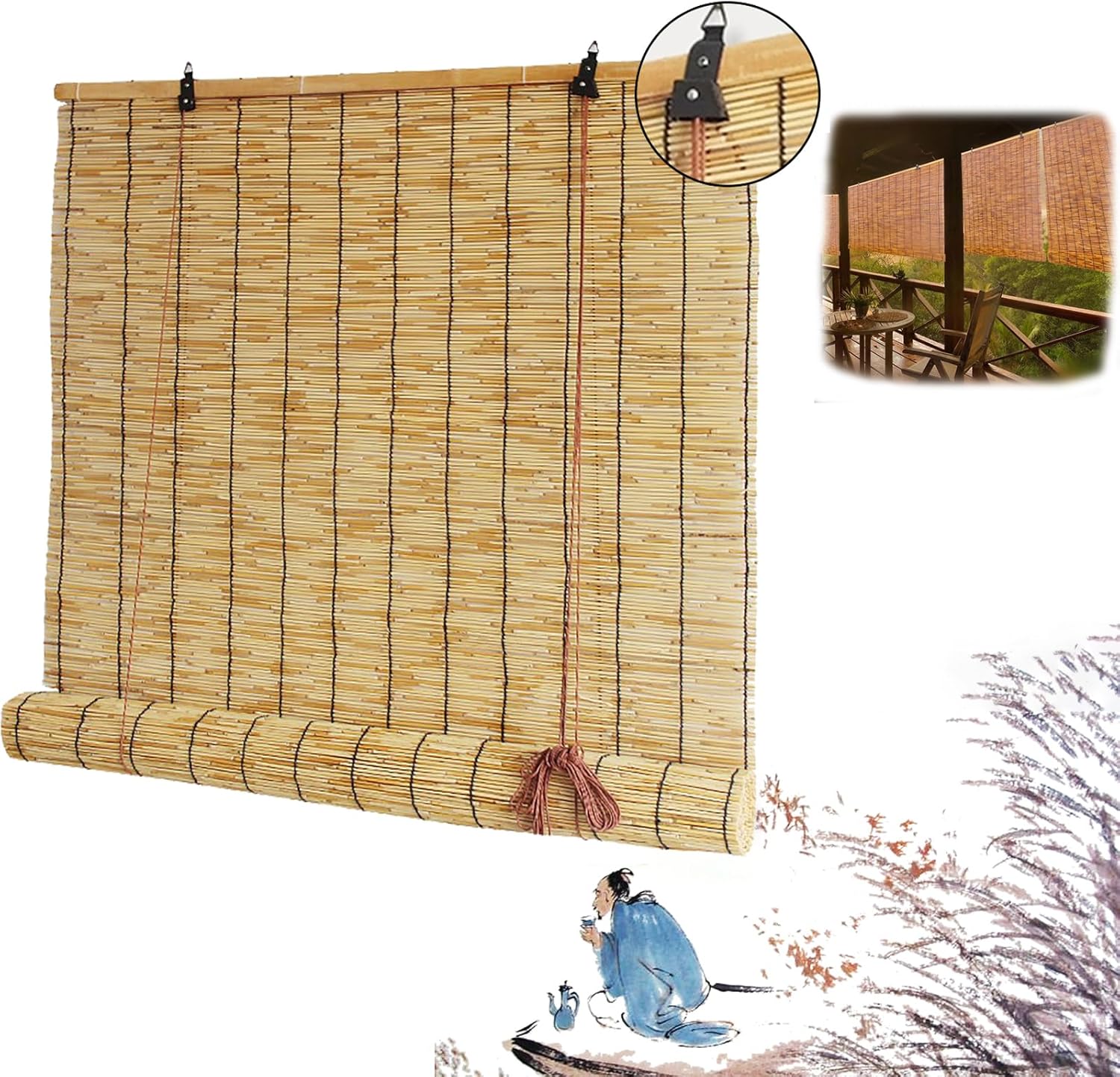 Persianas enrollables, cortinas enrollables de bambú retro, impermeables, cortinas de bambú para ventanas, para privacidad en interiores y