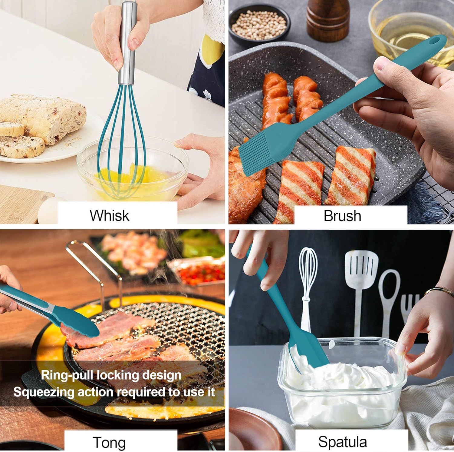 LIANYU Juego de utensilios de cocina de silicona de 12 piezas con soporte, herramientas de cocina que incluyen espátula ranurada, cuchara, cucharón,