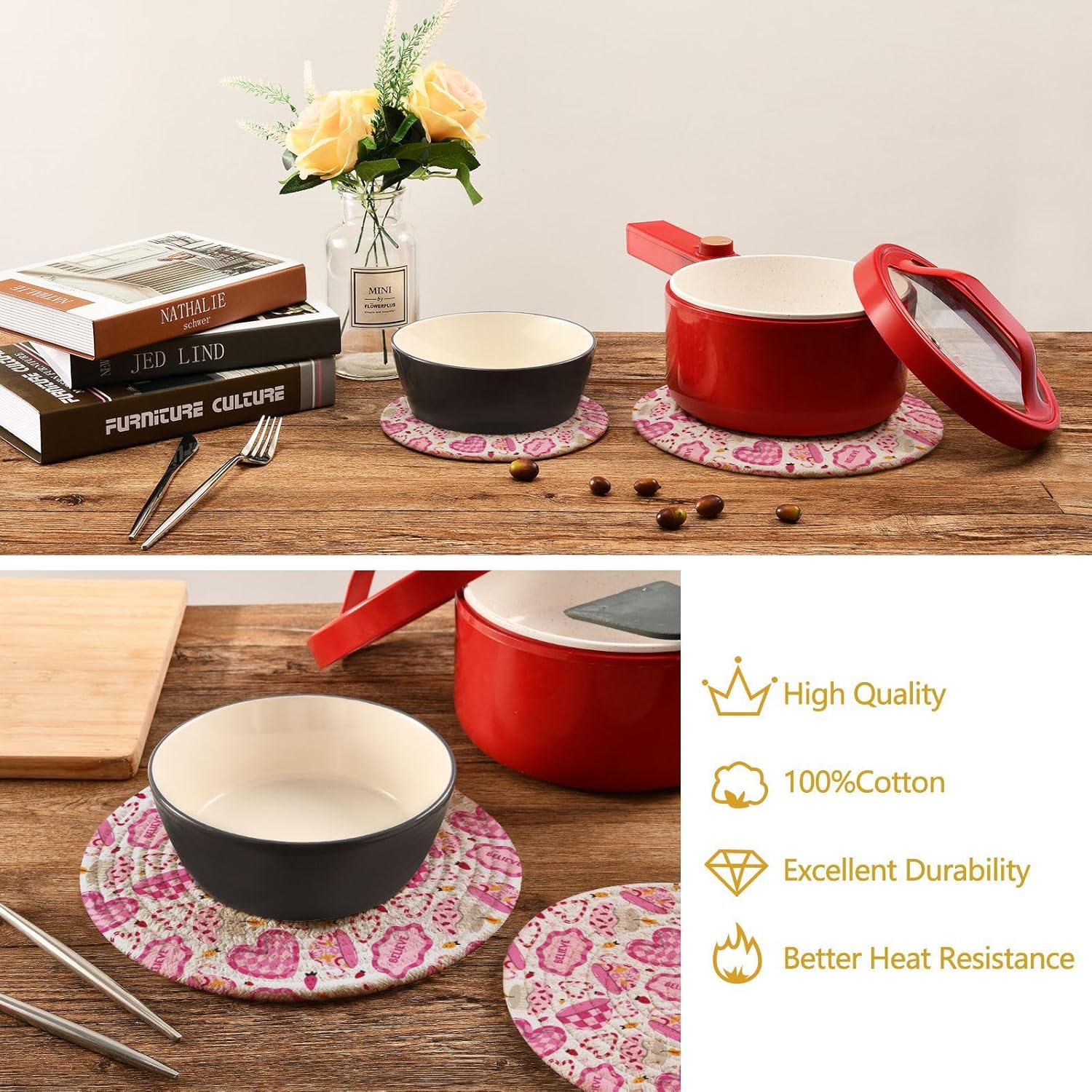 Utensil Doodle Strawberry Pink Hot Mats Pads for Kitchen Heat Resistant Round Trivet Mat for Coaster Hot Pots Pans Cotton Woven Trivet Pot Holders