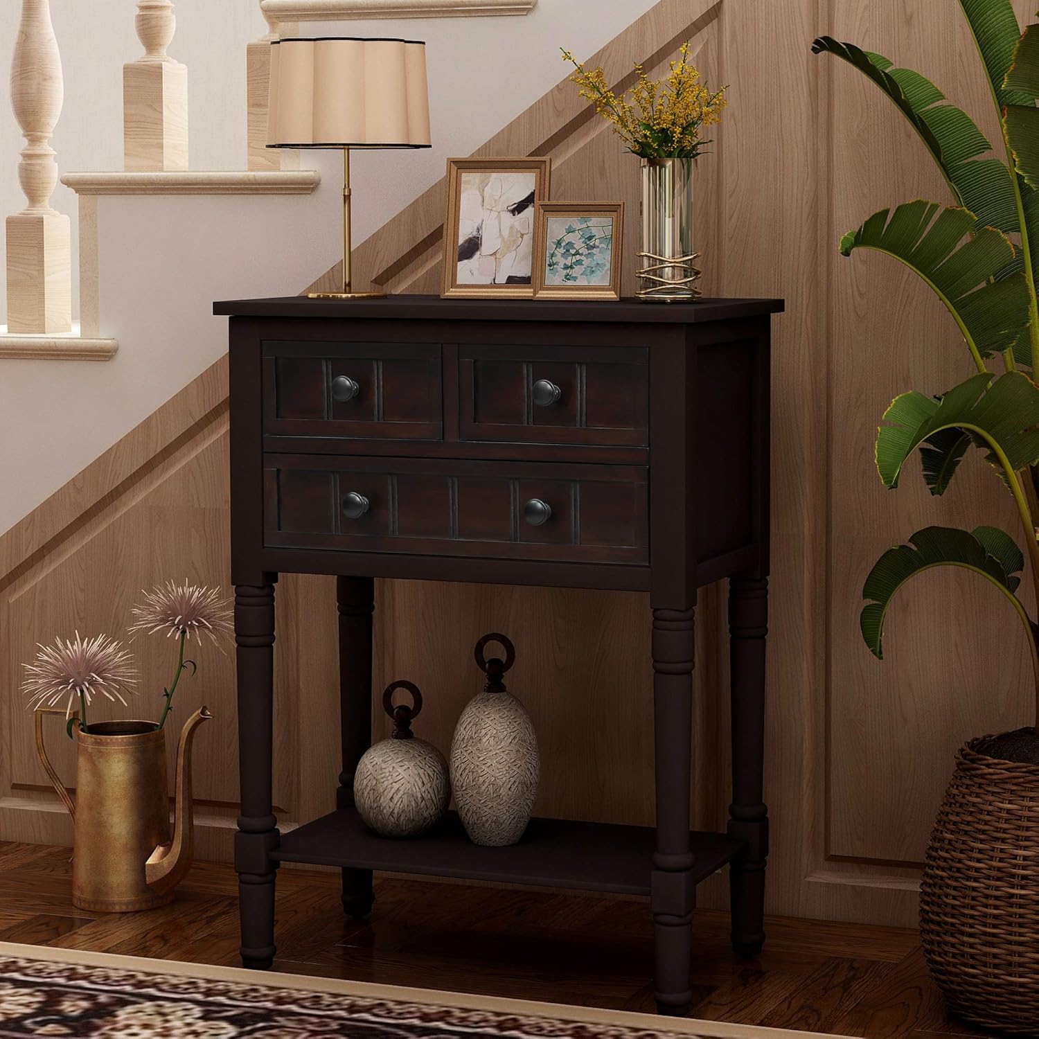 Mesa consola estrecha P PURLOVE – Mesa de sofá delgada con tres cajones de almacenamiento y estante inferior para sala de estar, mesa de sofá fácil