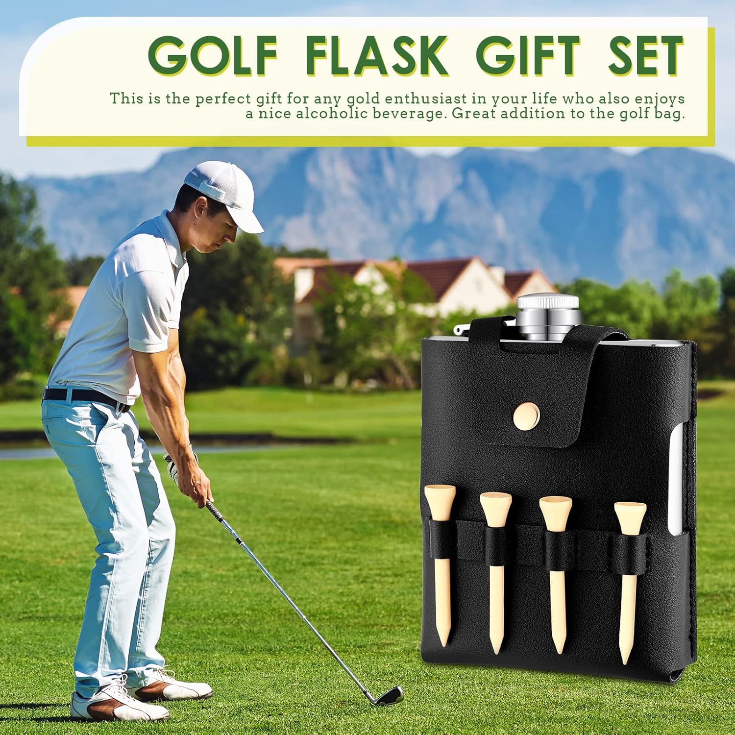Set de regalo de botella de golf de acero inoxidable de 7 onzas con funda de cuero, accesorios de golf para hombres y mujeres, incluye frascos,