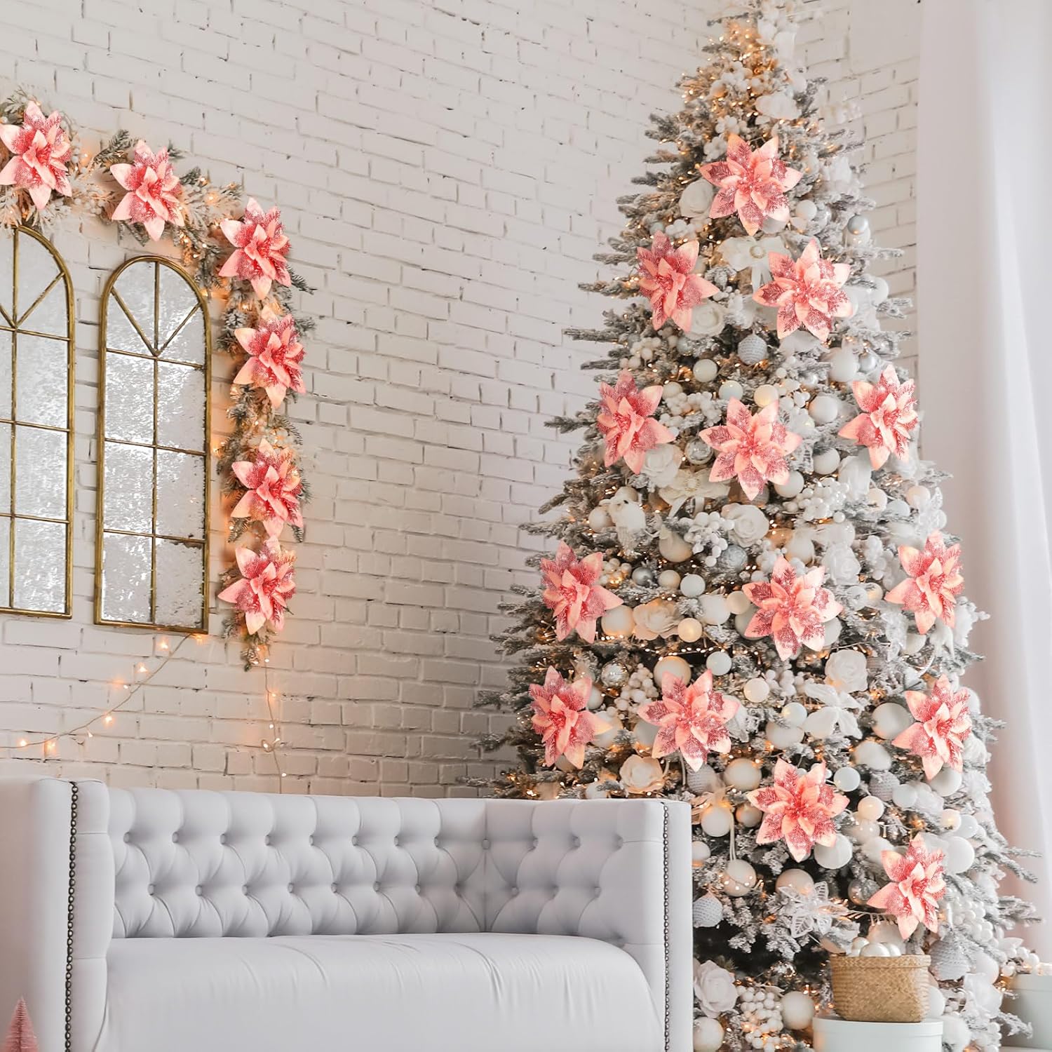 Adornos de flores de Pascua artificiales de Navidad con purpurina y clips y tallos, adornos para árbol de Navidad de Pascua con purpurina para boda