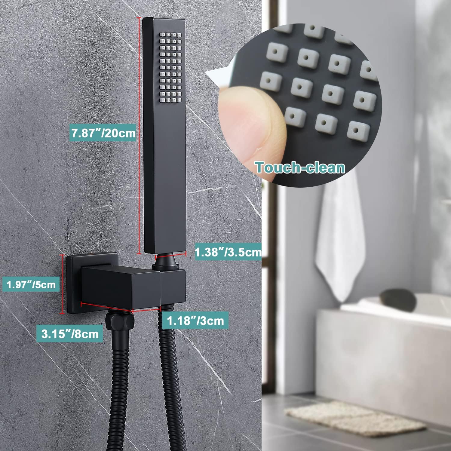 Cabezal de ducha de mano cuadrado negro mate de latón macizo con conector de pared y sistema de manguera, juego de cabezales de ducha de mano para