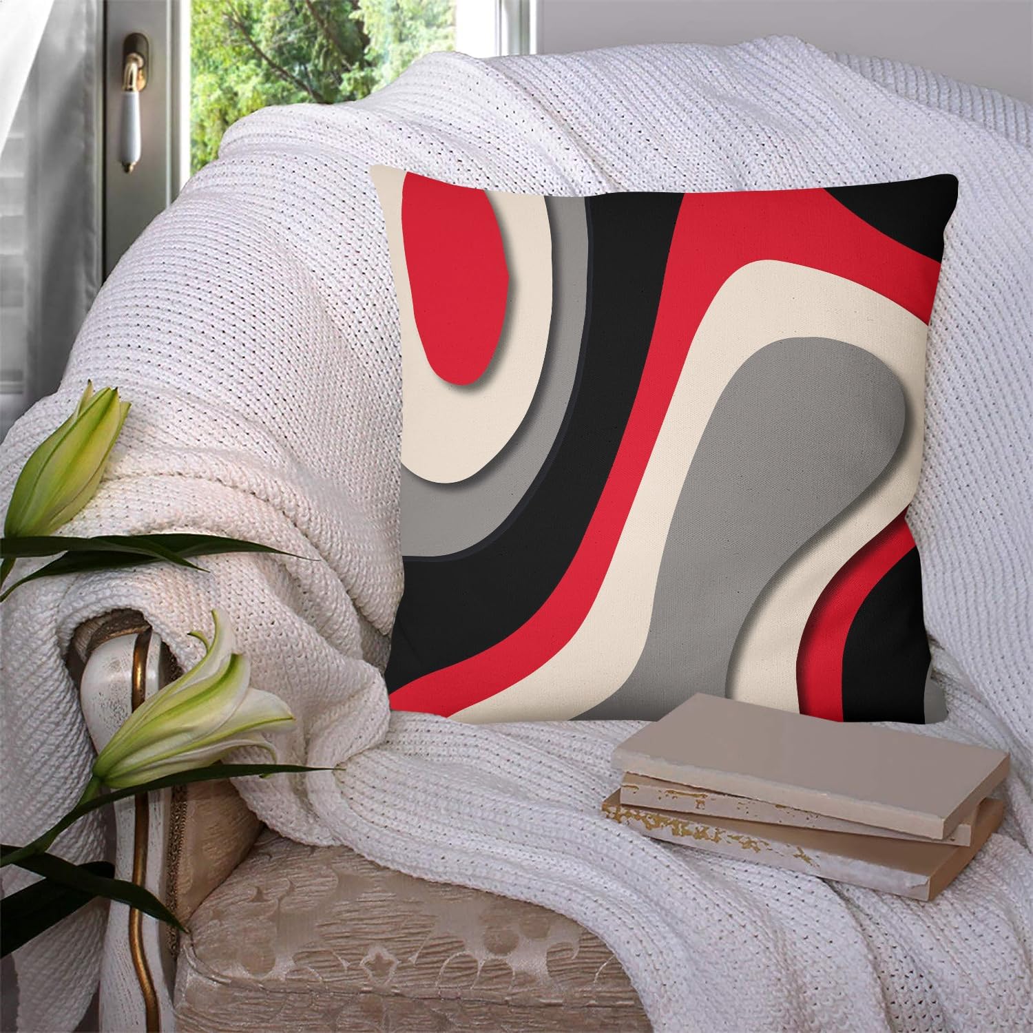Juego de 4 fundas de almohada abstractas rojas y negras de 18 x 18 pulgadas, fundas de almohada decorativas, fundas de cojín cuadradas geométricas
