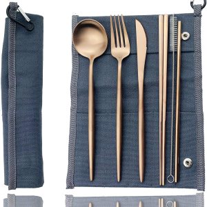 JASHII Utensilios de campamento reutilizables de acero inoxidable con bolsa, juego de cubiertos de viaje de 7 piezas con cuchillo de pajilla, JASHII Utensilios de campamento reutilizables de acero inoxidable con bolsa, juego de cubiertos de viaje de 7 piezas con cuchillo de pajilla,