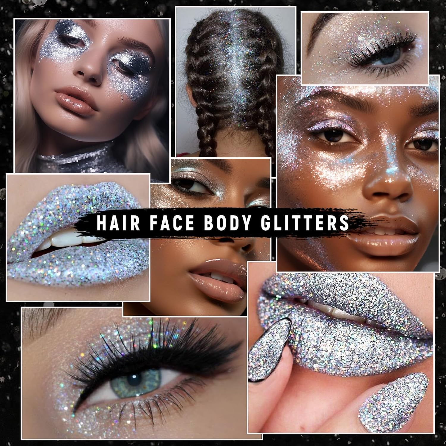 Brillos corporales plateados con pegamento de secado rápido, lentejuelas holográficas brillantes para cara, cabello, maquillaje de ojos, arte de