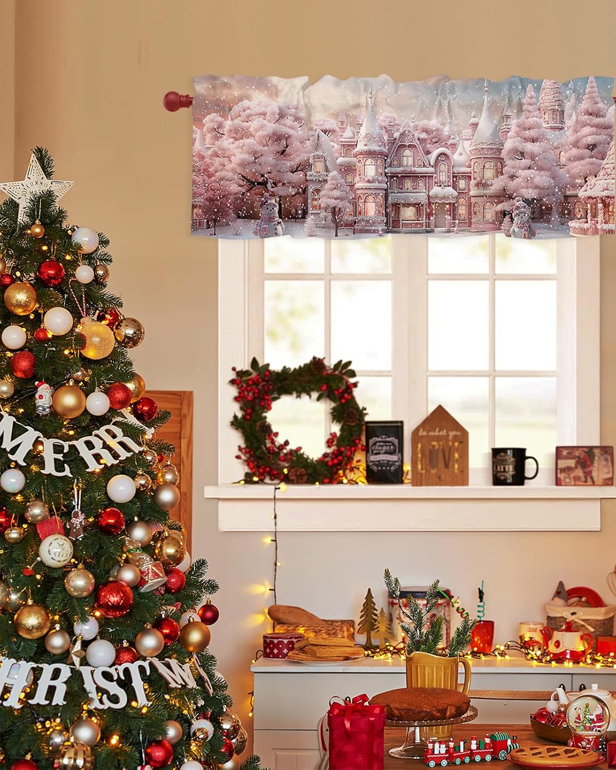 Cenefa de cortina de casa de Navidad para ventanas, sala de estar, cocina, baño, granja, color rosa rubor, romántico, copo de nieve, con bolsillo