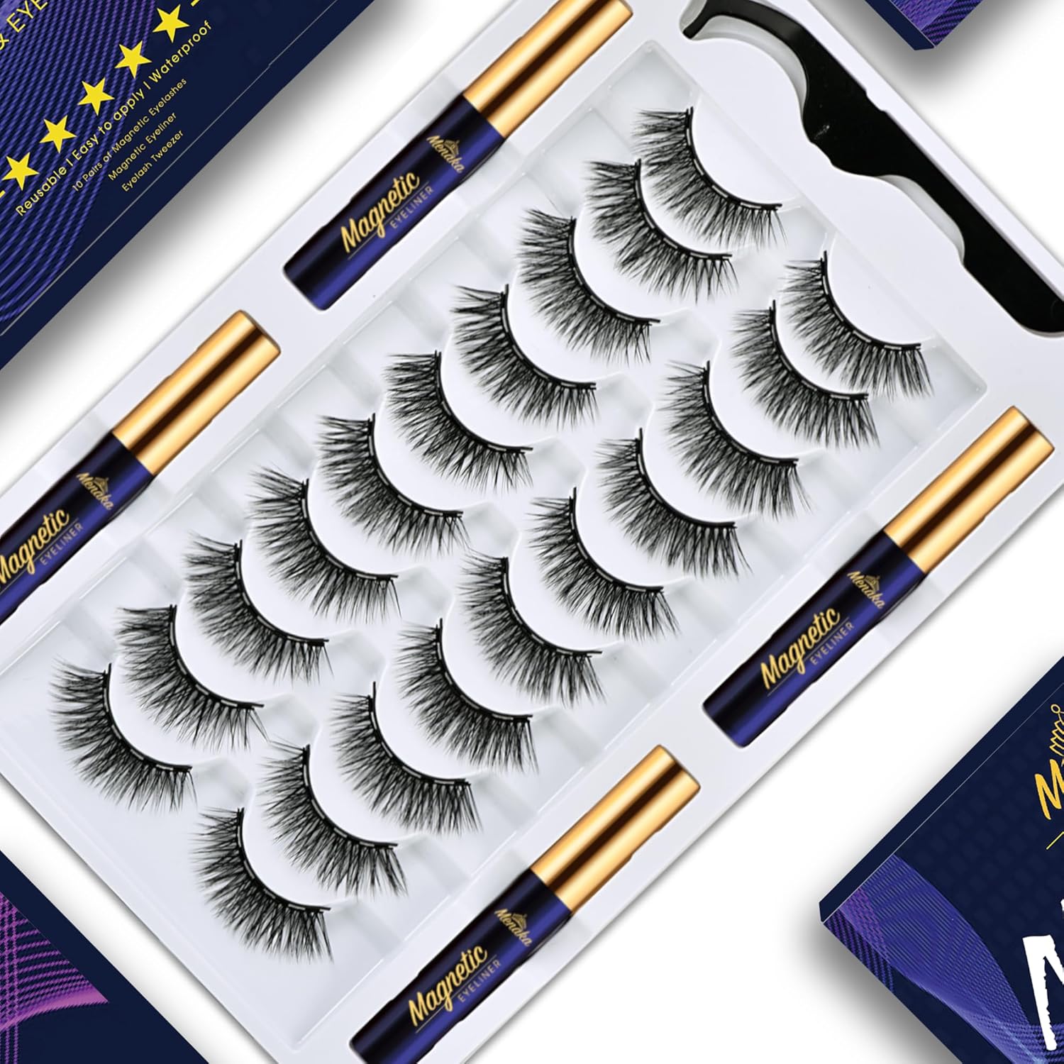 Menaka Pestañas magnéticas, 10 pares de pestañas magnéticas reutilizables de aspecto natural con aplicador, 4 tubos de delineador magnético con
