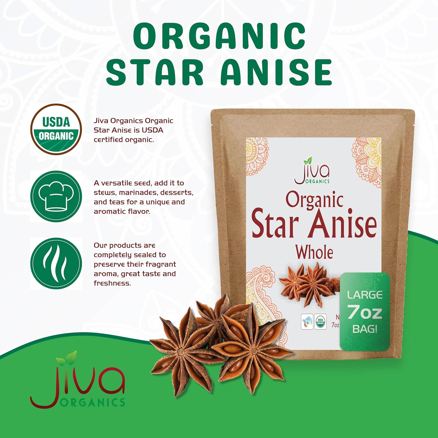 Jiva – Bolsa jumbo de anís estrellado orgánico de 7 onzas, sin OMG, no irradiada, especias puras de la India, Staranise