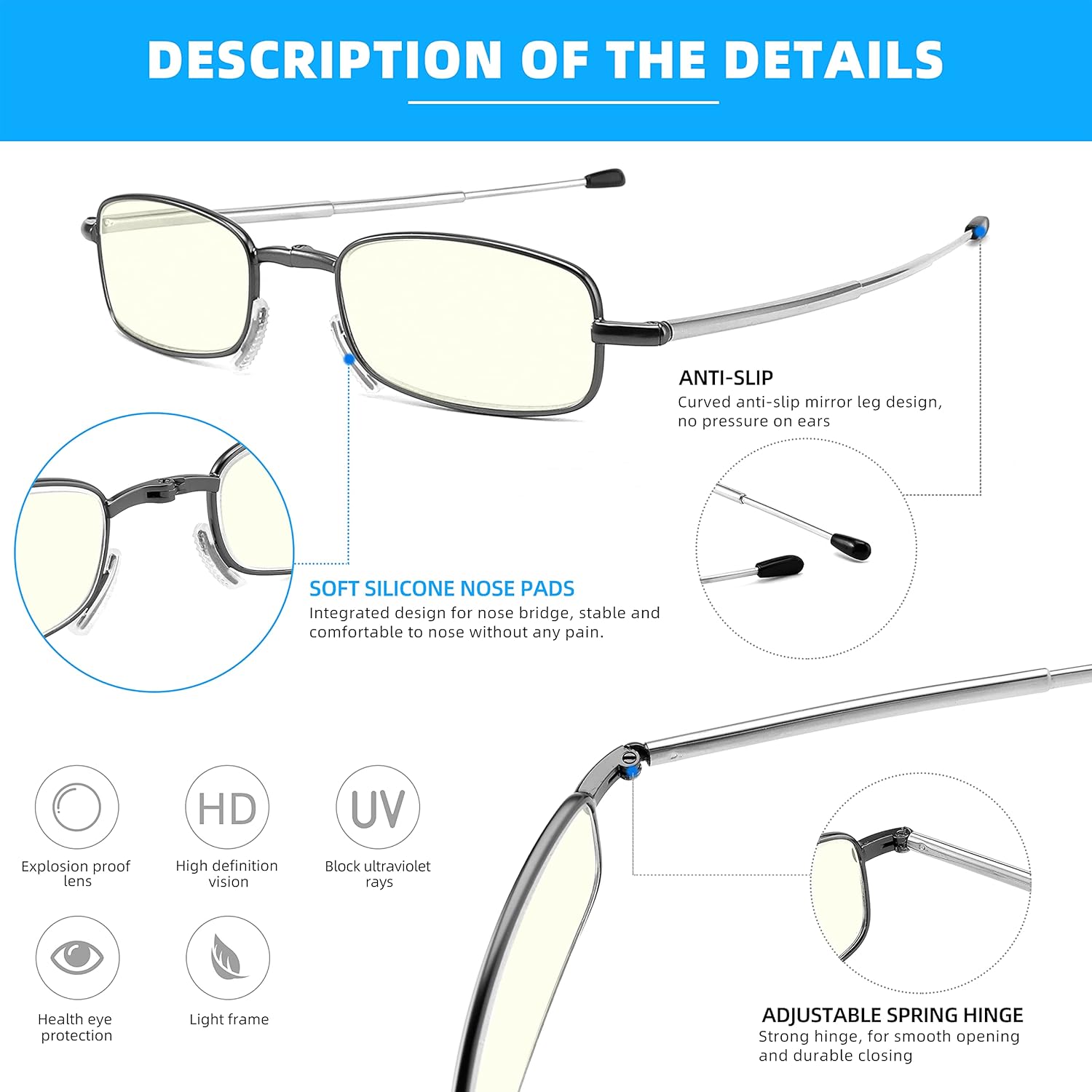 Gafas de lectura con bloqueo UV de luz azul, compactas, plegables, con bisagra de resorte suave para hombres y mujeres, paquete de 2 unidades,
