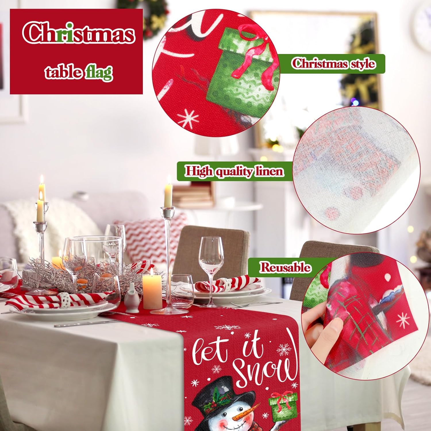 7 manteles individuales de Navidad de 12 x 18 pulgadas, juego de 6 manteles individuales de Navidad con camino de mesa, Papá Noel, ciervo, muñeco de