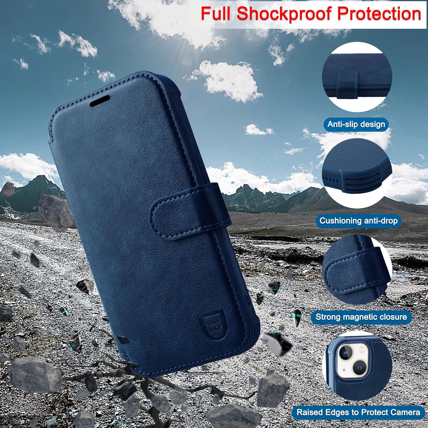 VANAVAGY Magsafe – Funda tipo cartera compatible con iPhone 15 con función de carga inalámbrica, funda de piel con tapa para muñeca protectores de