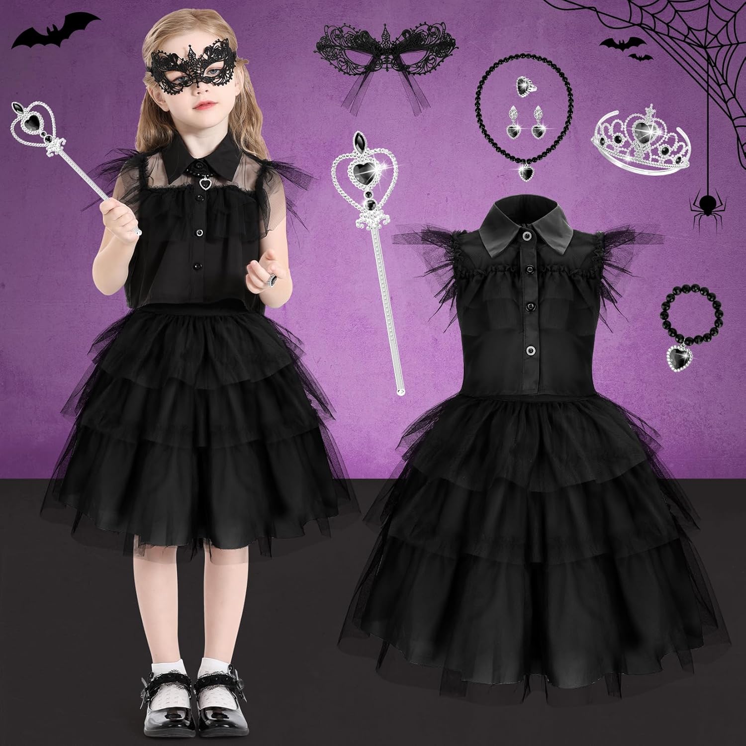 Fedio Vestido de disfraz negro para niñas, vestido de disfraz familiar negro para niñas, vestidos de princesa negros para niñas de 3, 4, 5, 6 años,