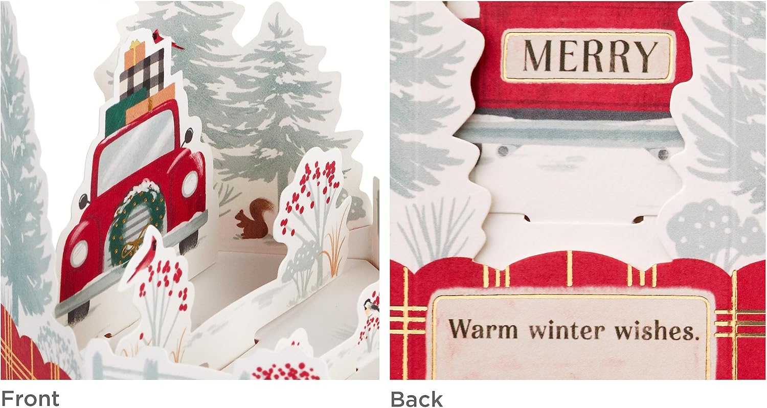 Hallmark Paper Wonder – Mini tarjetas de Navidad emergentes (3 tarjetas con sobres camión rojo, cardenal, feliz y brillante)