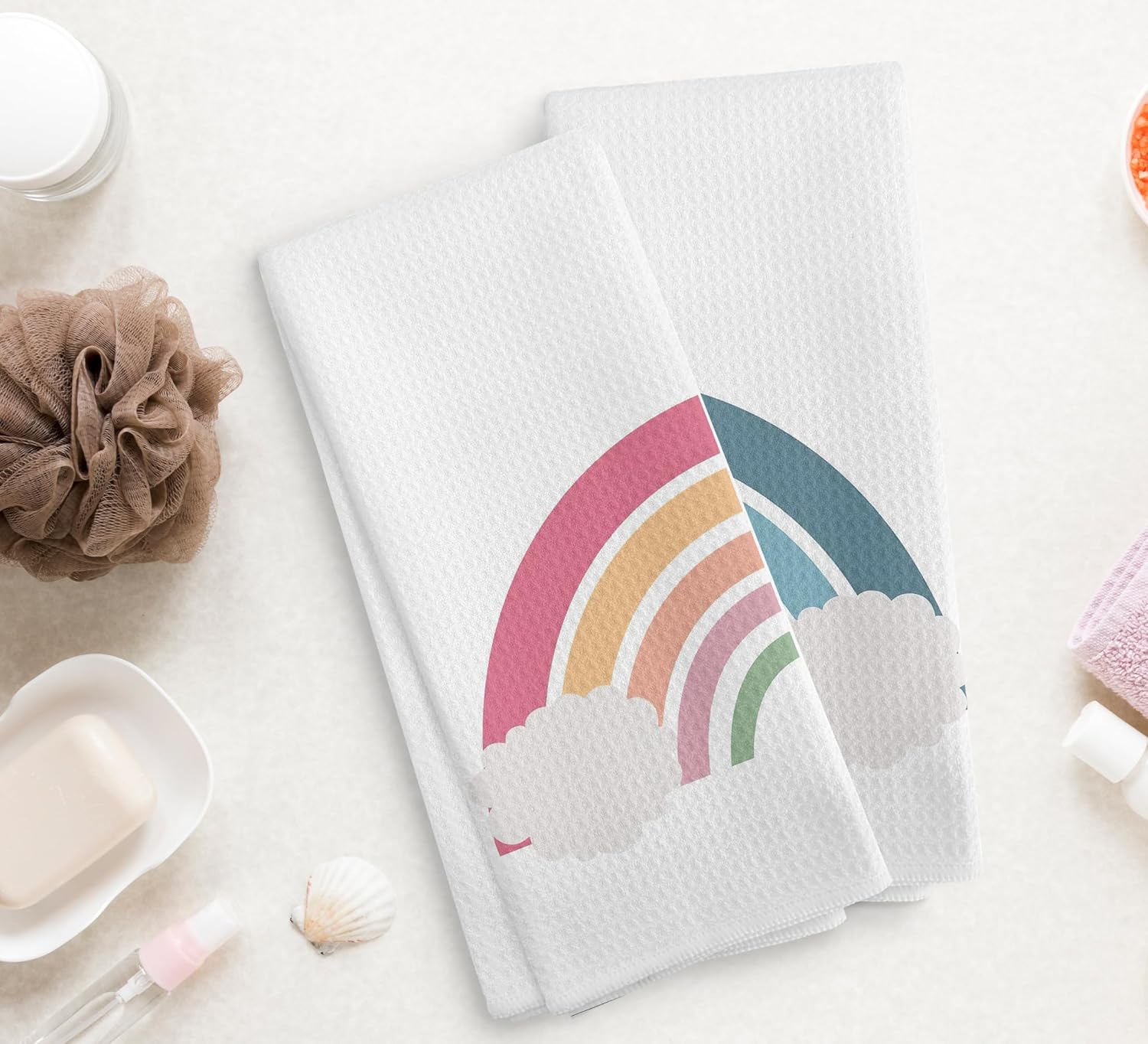 Juego de 2 paños de cocina y paños de cocina bohemios bohemios para cuarto de bebé, color rosa y azul, con estampado de nube arcoíris y azul,