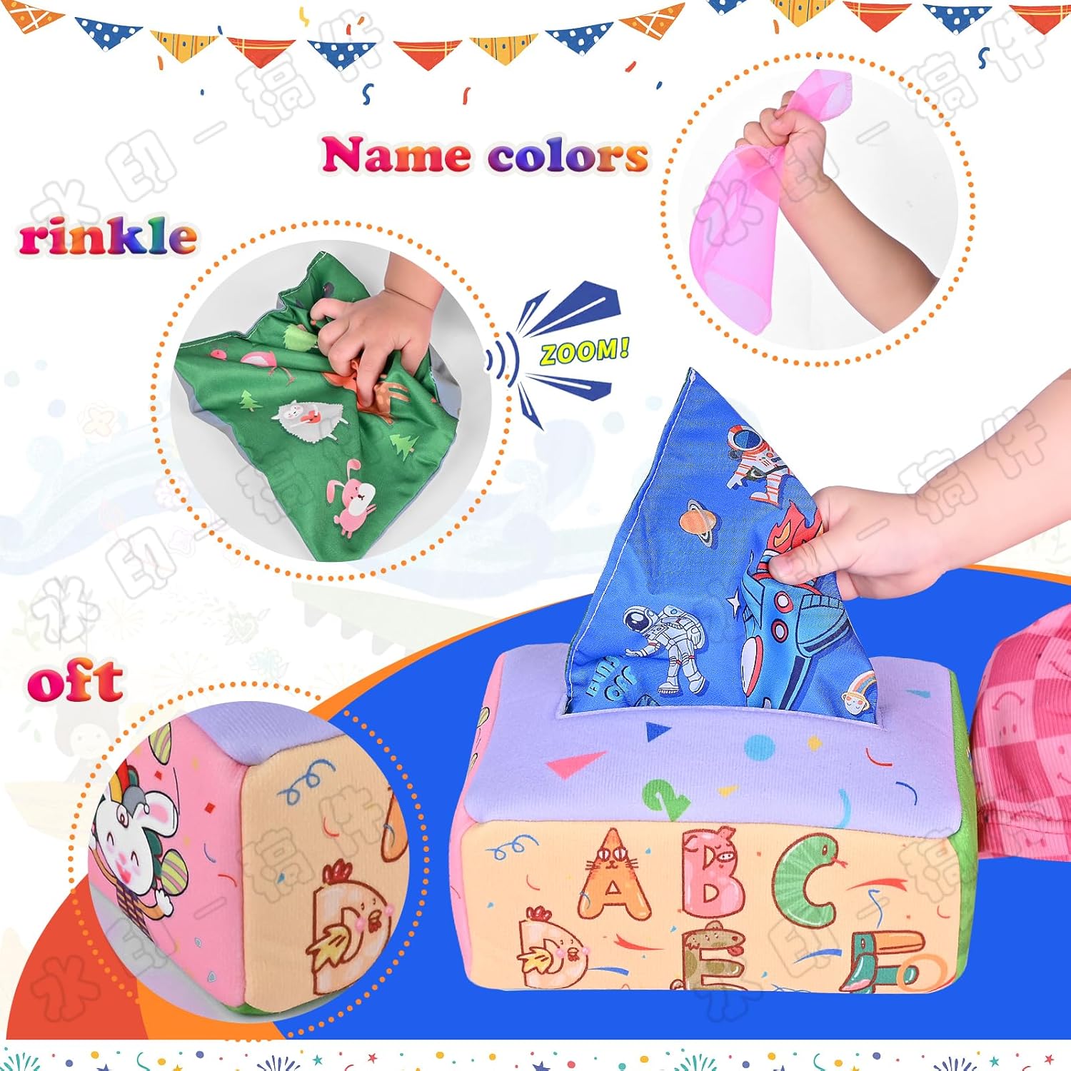 ANOOVV Caja de pañuelos para bebé, juguetes Montessori de 6 a 12 meses, juguetes Montessori para bebés, juguetes suaves de relleno de colores de