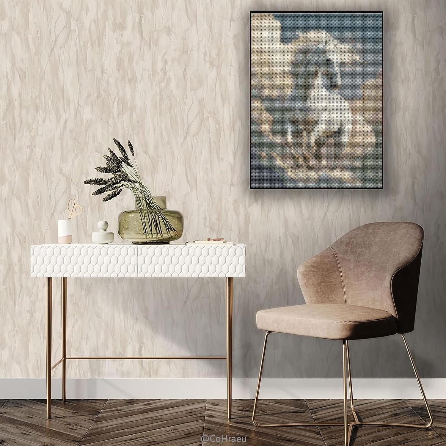CoHraeu Kit de pintura de diamante 5D, caballo blanco, taladro redondo completo, pintura de diamante para adultos con accesorios para decoración de