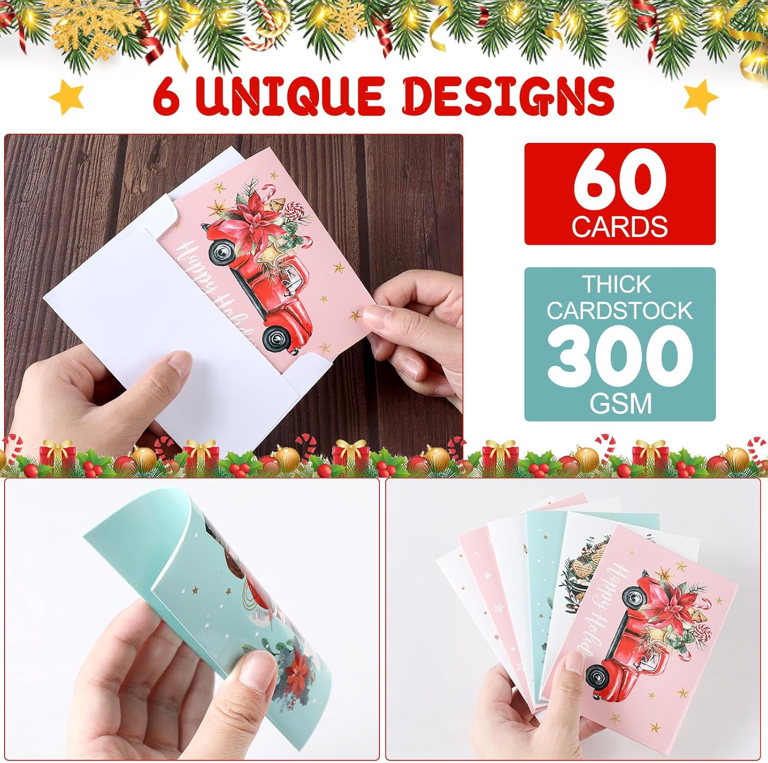 Colarr 60 juegos de tarjetas navideñas con sobres y calcomanías, tarjetas de notas festivas de Navidad, cascanueces, tarjetas de felicitación,