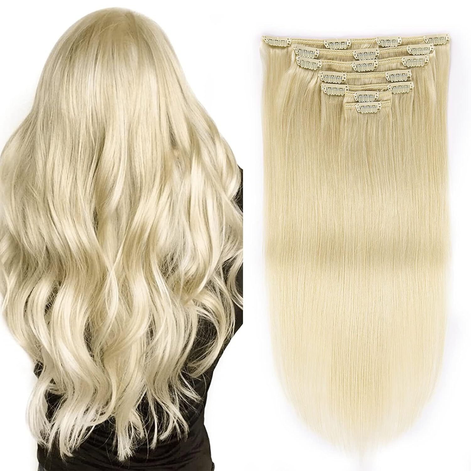 OURI Extensiones de cabello humano real sin costuras, 14 pulgadas, 4.23 oz, 7 unidades, Remy 100 natural, doble trama, color rubio degradado, largo,