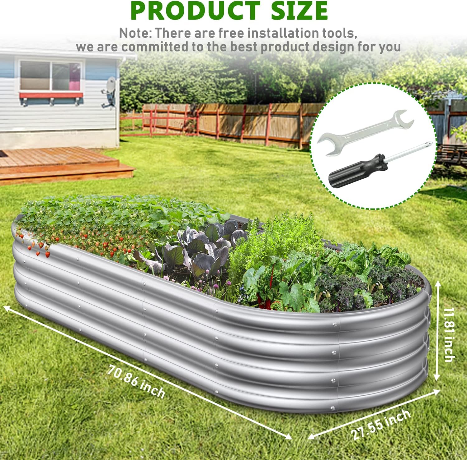 FRIZIONE Cama de jardín elevada de metal galvanizado de 6 x 2.3 x 1 pies para verduras, jardinera elevada para jardín al aire libre, jardinera