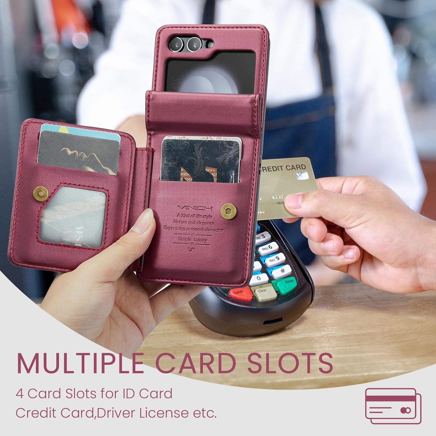 Vinich Funda para Samsung Galaxy Z Flip 5 con bloqueo RFID, para Samsung Z Flip 5, funda con tarjetero y soporte para tarjetas, funda duradera con