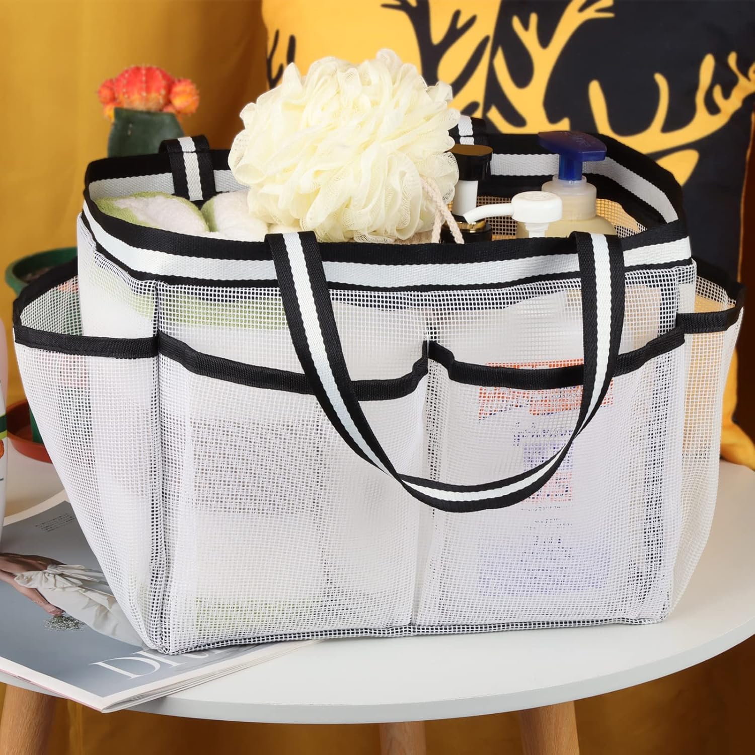 Bolsa de malla XL para ducha, grande, portátil, para dormitorio, gimnasio, campamento, baño, color blanco