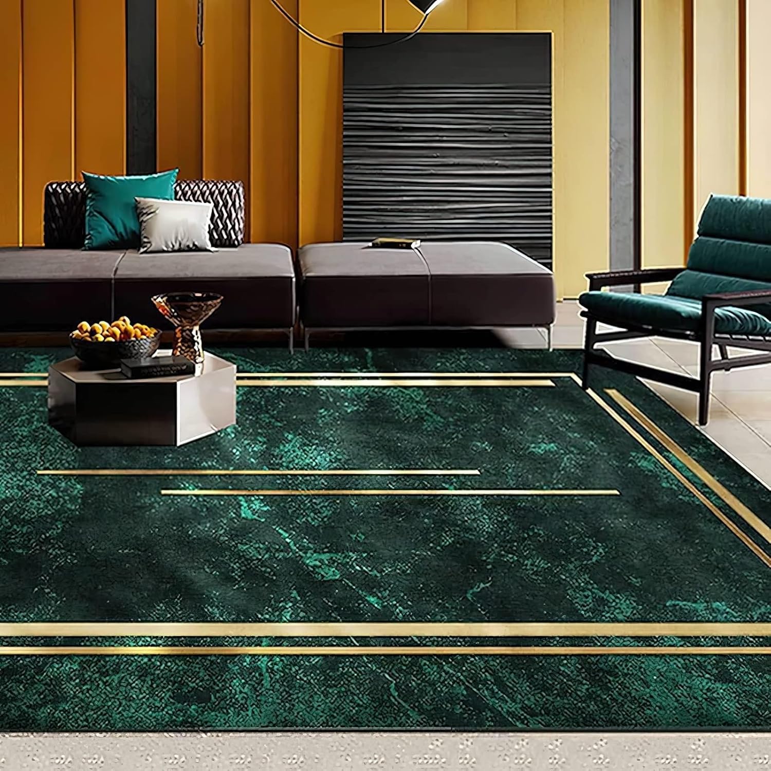 Alfombra de lujo con líneas geométricas de color verde esmeralda, dorada, antideslizante, reducción de ruido, para niños, para habitación, sofá,