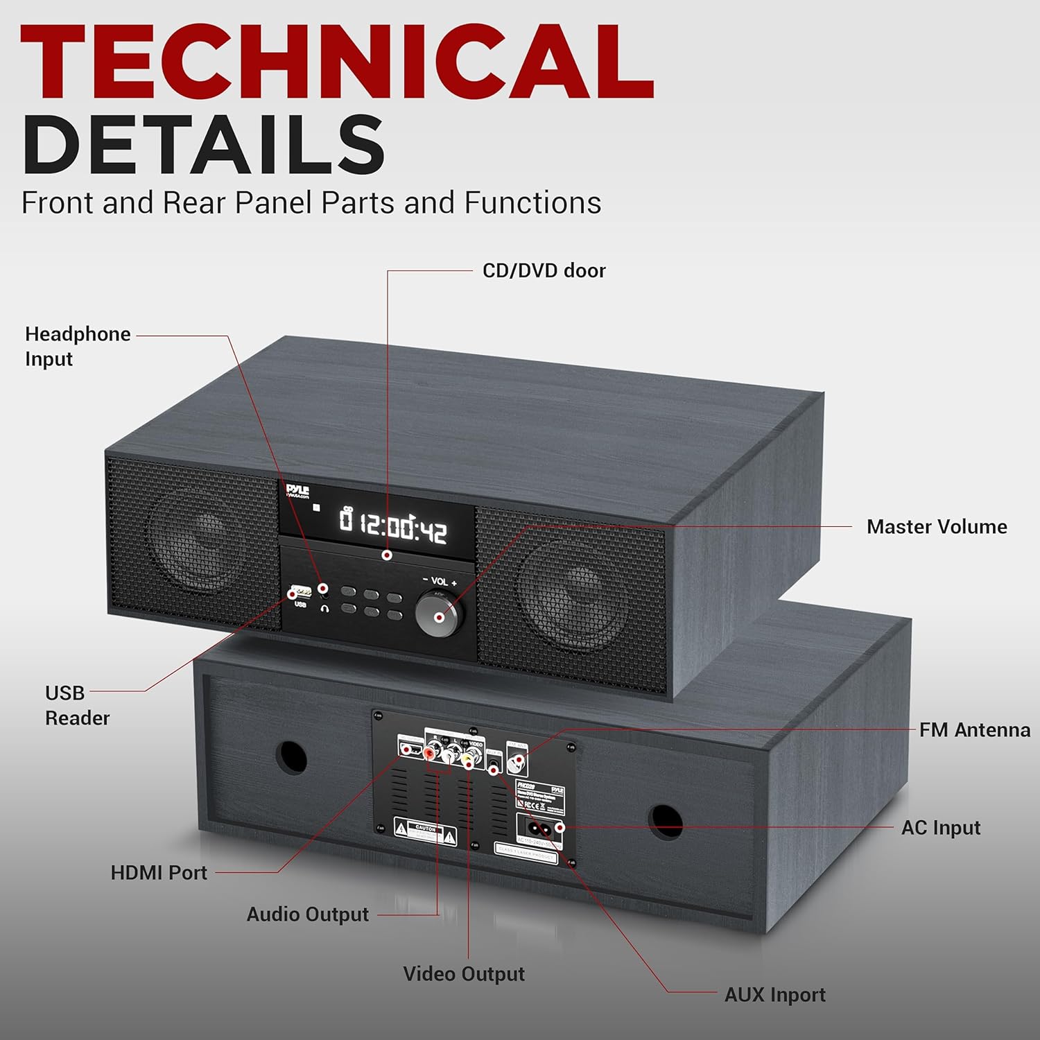 Pyle Sistema de estante estéreo de CDDVD para el hogar, reproductor de 200 W con micrófono inalámbrico, conectividad BT, radio FMUSBauricularesAUX,