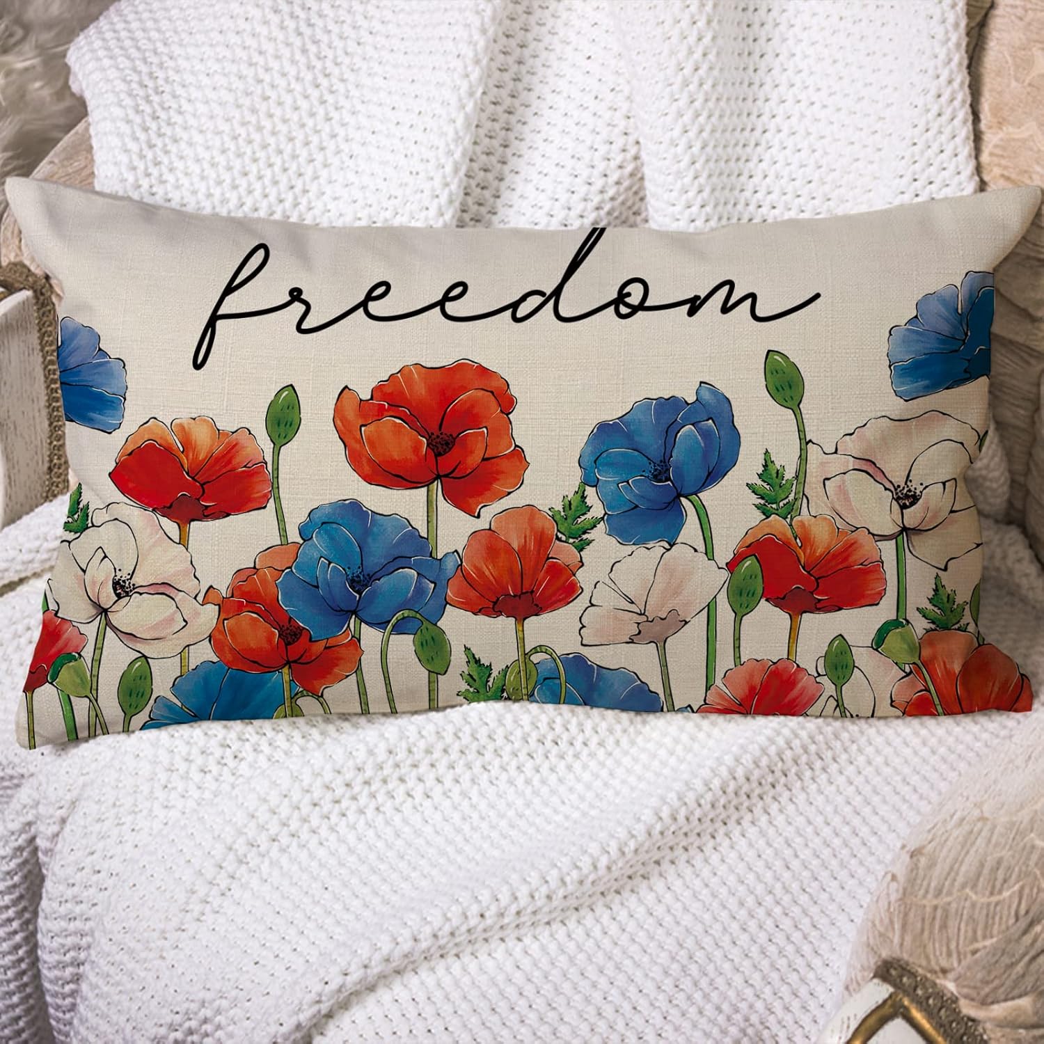 Fjfz 4th of July Freedom – Funda de almohada decorativa lumbar con flores patrióticas de 12 x 20 pulgadas, rectangular, diseño floral de anémona de