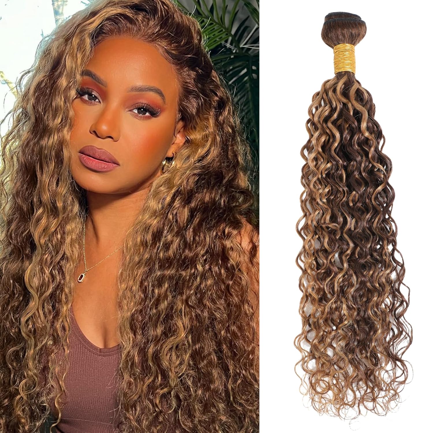 ALHER Paquetes de cabello humano ondulado rubio miel con reflejos P427, ombré, mechones individuales húmedos y ondulados, color marrón, 10A, 100%