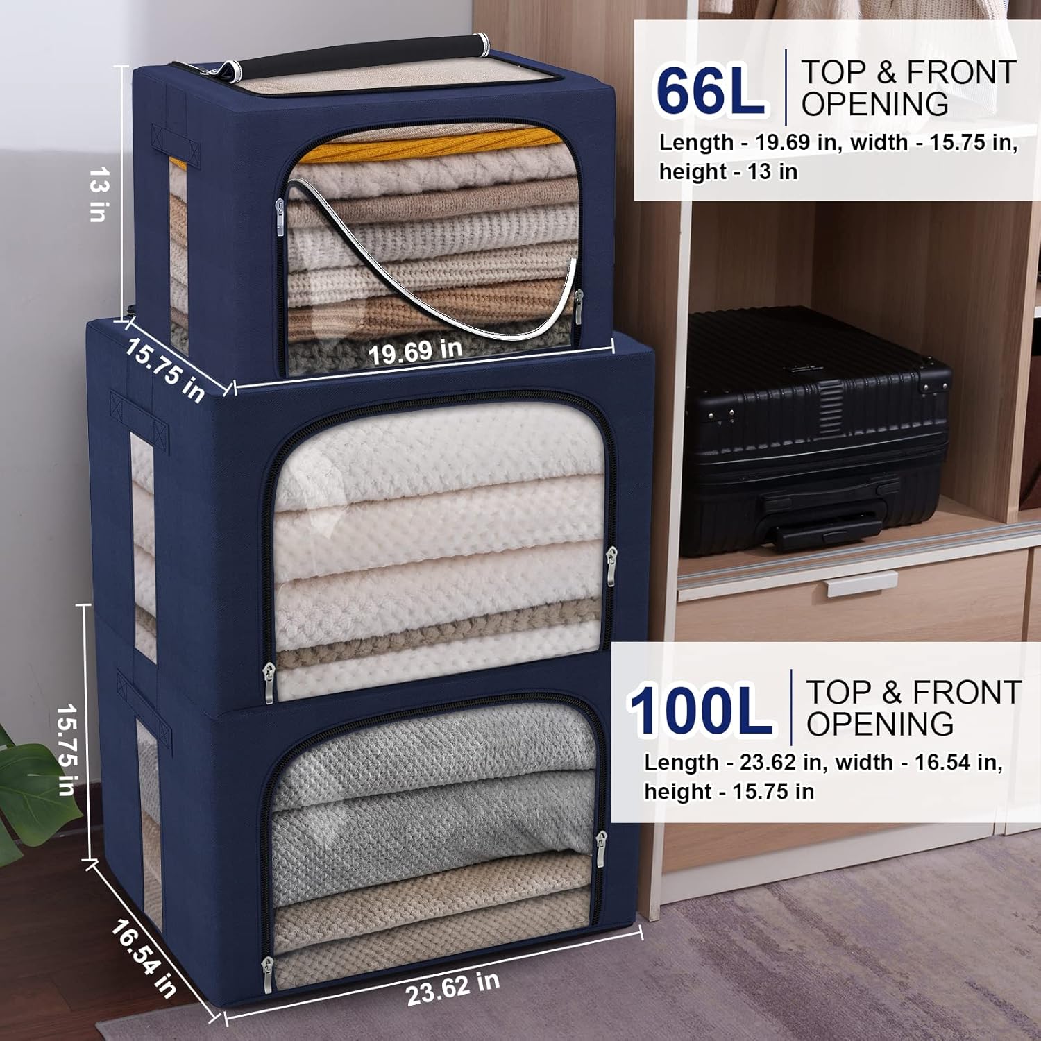 Organizador de bolsas de almacenamiento de ropa de gran capacidad de 66L, paquete de 3 con marco de fibra de vidrio, tela Oxford para edredones,