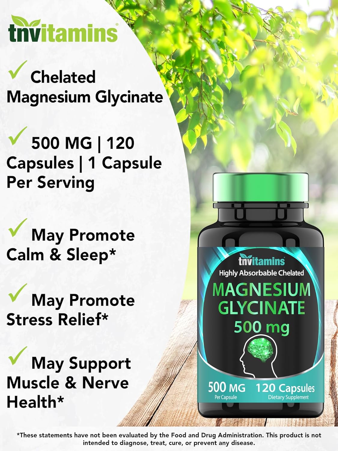 Glicinato de magnesio 500 mg por cápsula  120 unidades  Suministro de 4 meses  Suplemento de magnesio quelado puro para dormir, calma, nervios,