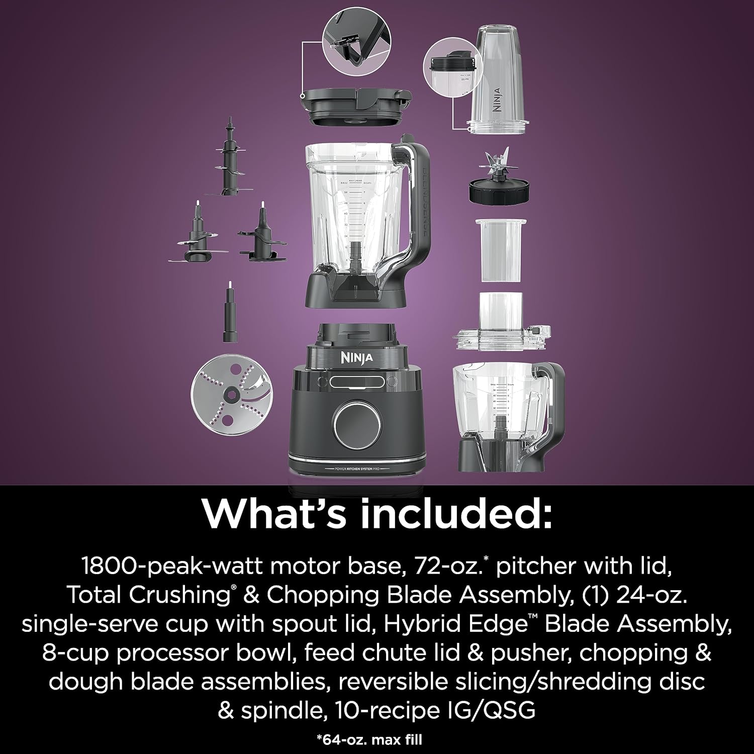 Ninja TB401 Detect Kitchen System Power Blender + Processor Pro, tecnología BlendSense, licuadora, picar y batidos, 1800 vatios máximos, jarra de 72