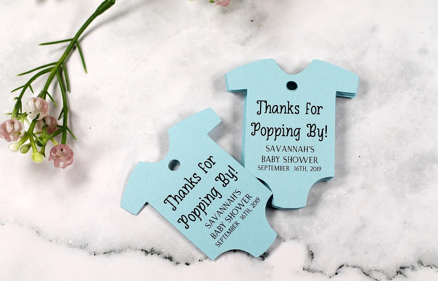 Personalized Baby Shower Tags in One Piece Shape – Thanks for Popping By – 15pc (Blue)