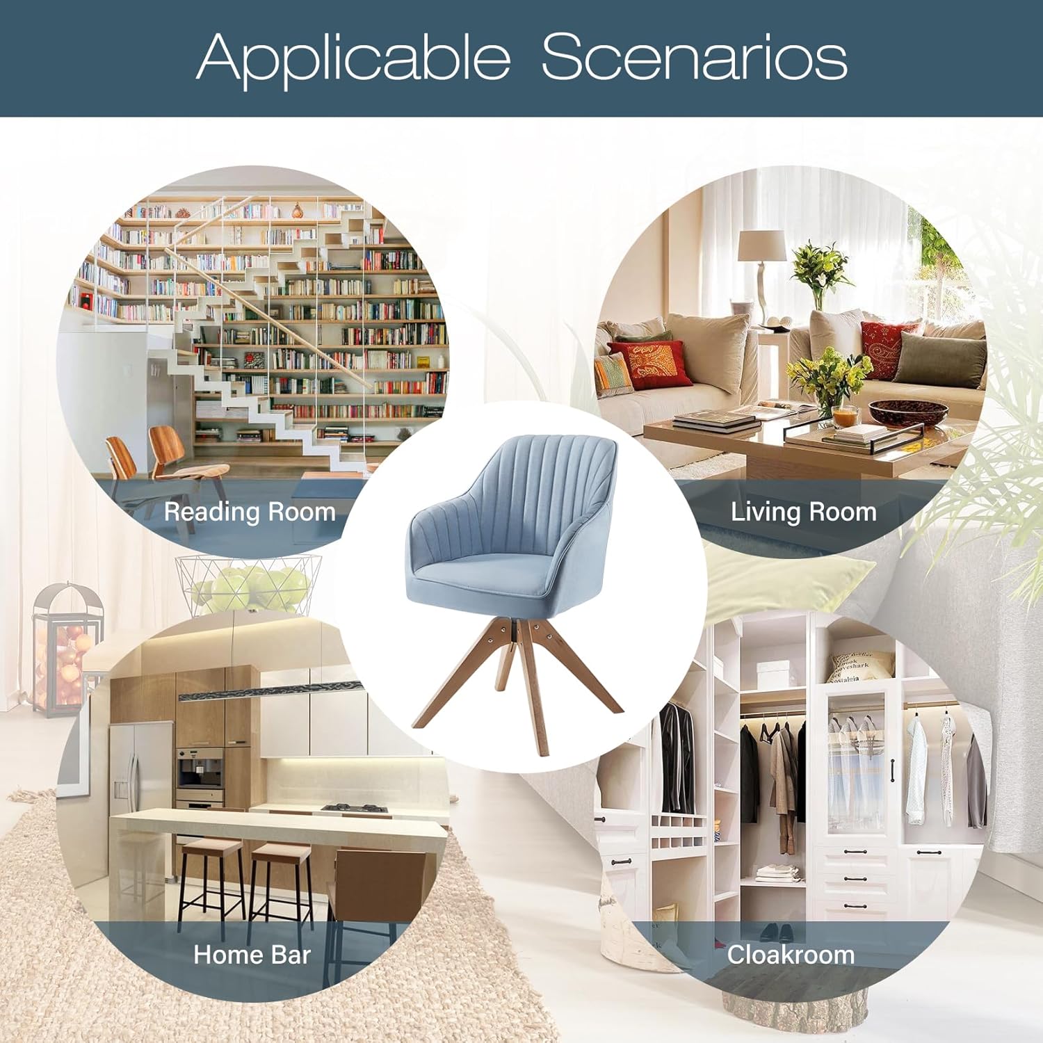 Haddockway Silla decorativa, silla giratoria, sillón tapizado con patas de madera, silla de ocio para leer, beber, silla auxiliar para vestidor,