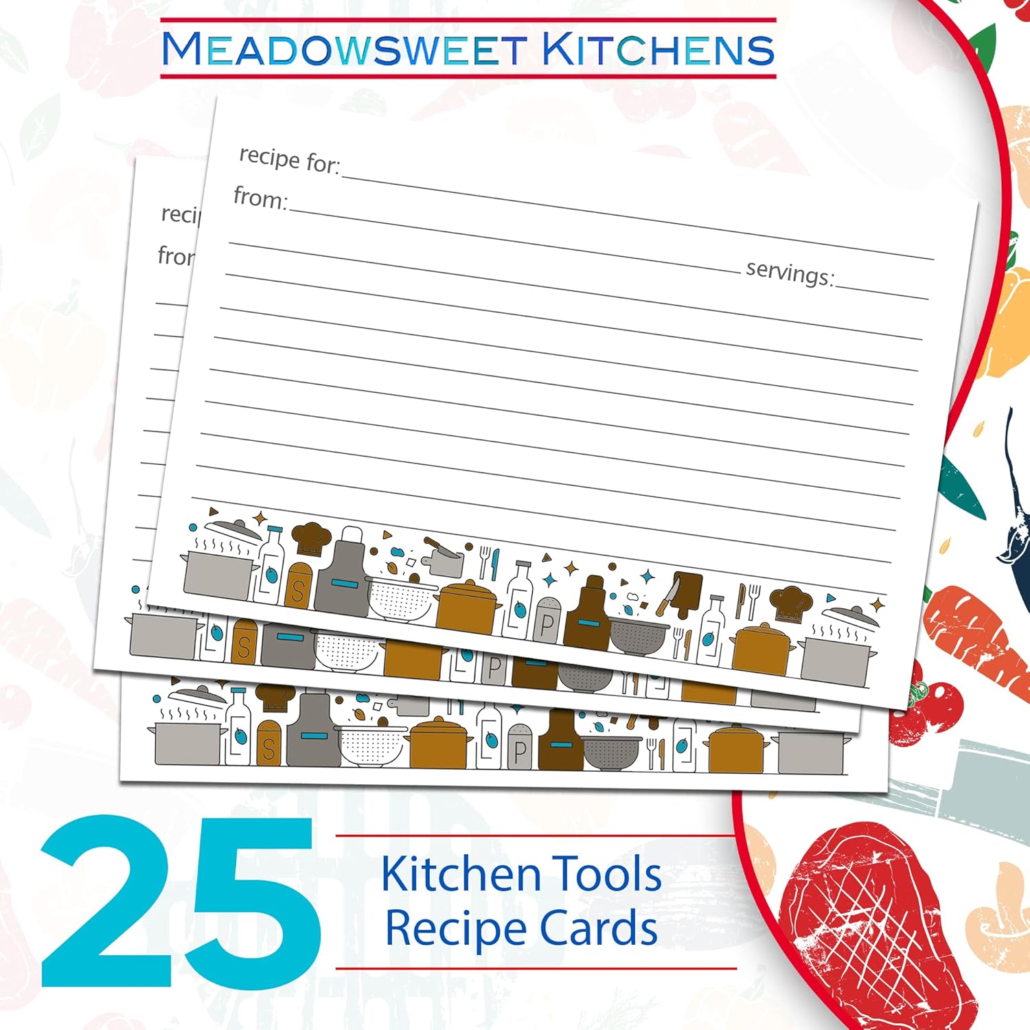 Meadowsweet Kitchens Juego de tarjetas de recetas, 25 tarjetas de recetas de doble cara de 4 x 6 pulgadas, tarjetas en blanco de tamaño perfecto