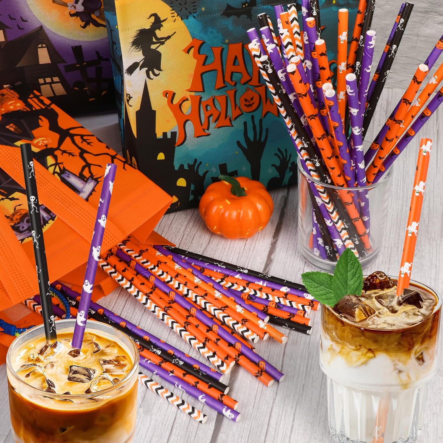 150 popotes de papel de Halloween, 6 estilos mixtos, pajitas desechables para fiestas de Halloween, suministros de decoración de fiesta de Halloween
