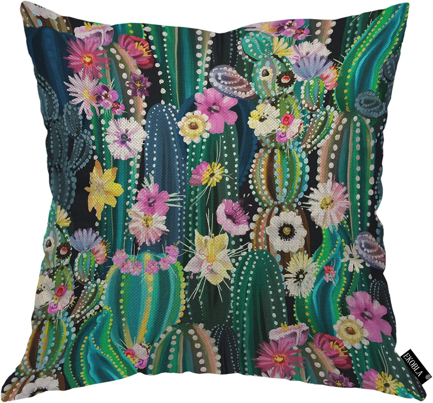 EKOBLA Funda de cojín cuadrada con diseño de cactus en acuarela, plantas verdes, suculentas en el desierto, flores exóticas, acogedora, para