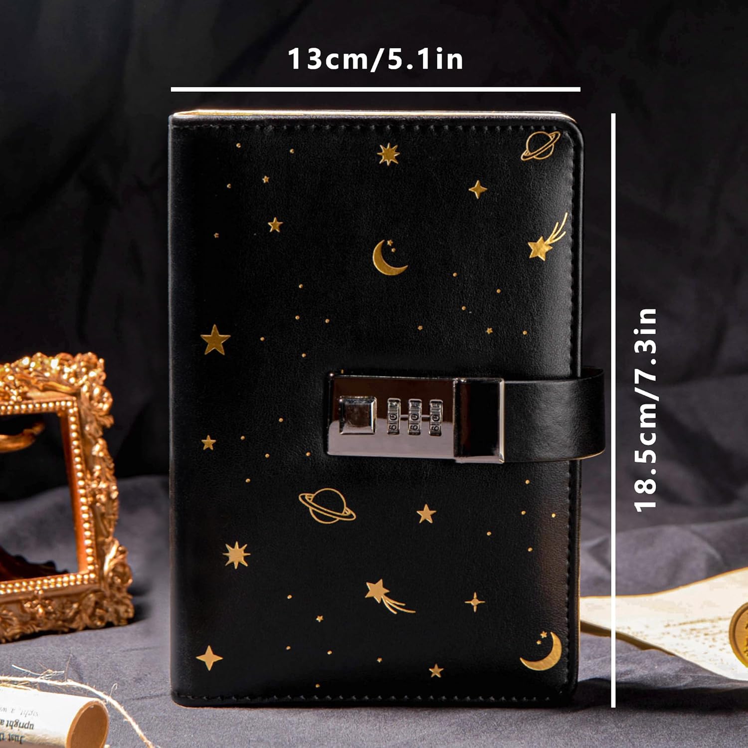 Diario de cuero estrellado con cerradura, carpeta de papel recargable, diario de contraseña, cuaderno secreto A6 de tapa dura para mujeres, niñas y