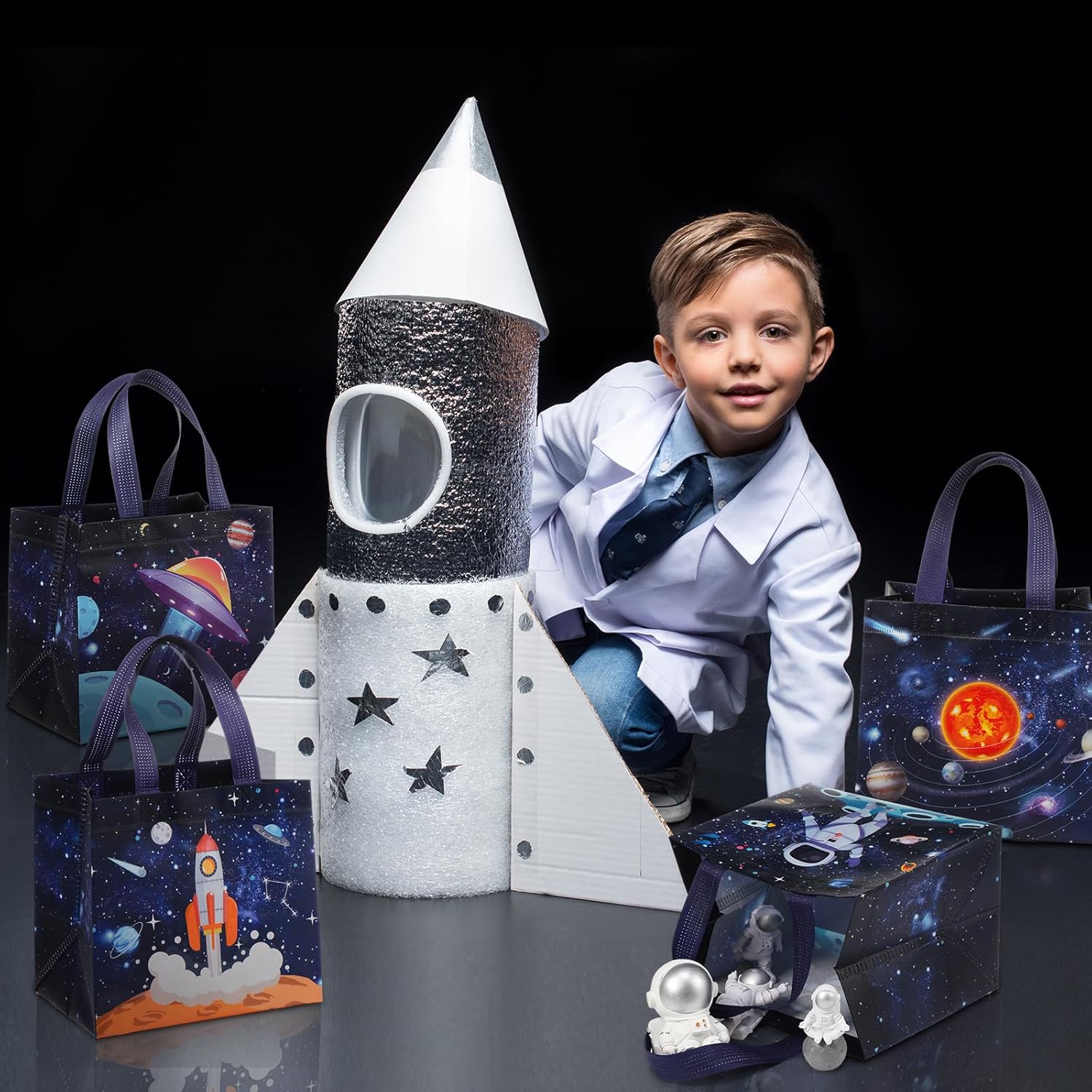 Windyun 48 bolsas de regalo espaciales a granel grandes para espacio exterior, bolsas de recuerdos de fiesta, no tejidas, bolsas de dulces con asas,