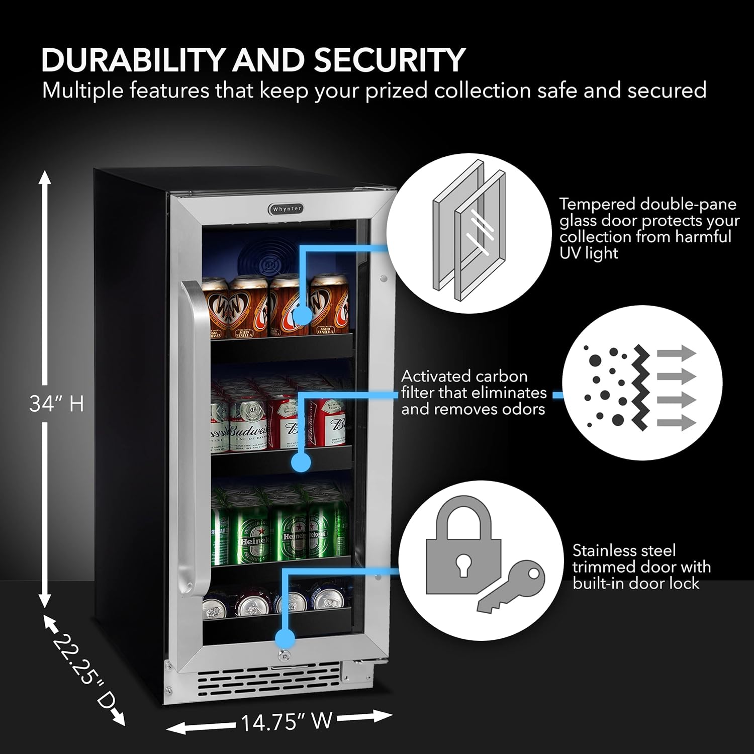 Whynter BBR-838SB Refrigerador de bebidas y refrigerador integrado de 15 pulgadas con vidrio, cerradura, puerta reversible, control digital y filtro