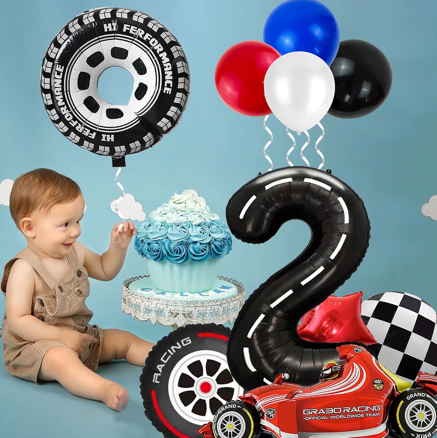 10 globos de 2 cumpleaños de auto de carreras, decoración de fiesta temática de auto de carreras número 2, globos de número de carreras, juego de